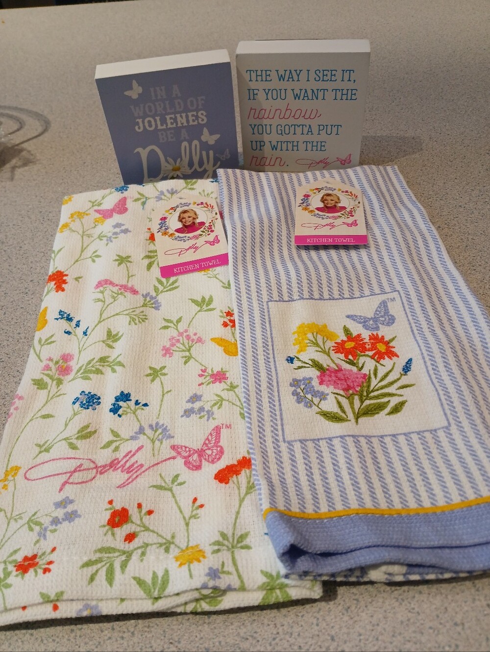 Lot of DG Dolly Parton Floral 2026 Kitchen Towels & Word Blocks